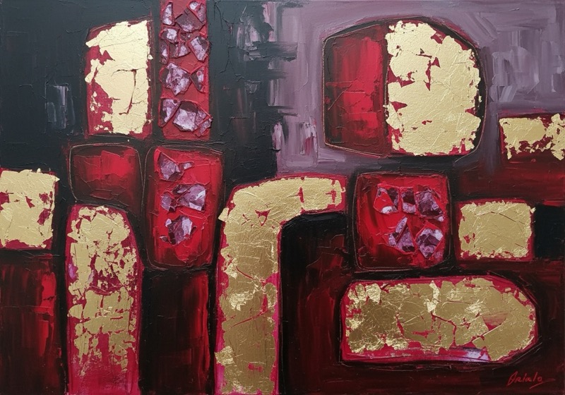 ראם תמר — ציור שמן מופשט עם עלי זהב